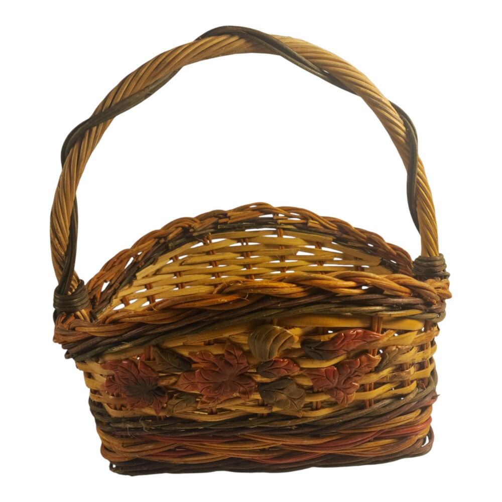 Rustic Woven Wicker Harvest Basket with Applied Autumn Leaves Handmade